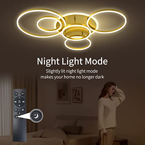 Modern LED Ceiling Light Gold Dimmable 5 Rings Flush Mount Ceiling Light Fixtures with Remote Control 106W 10000LM Ceiling Lighting for Living Room Bedroom Kitchen Dining Room 3000