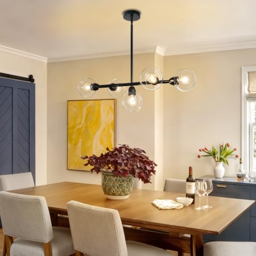 5 Lights Linear Chandelier Modern Black Clear Glass Globe Pendant Light