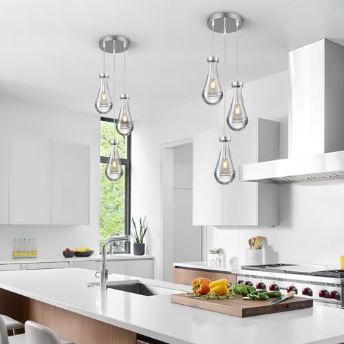 Raindrop Pendant Lights Kitchen Island Teardrop Chrome Hanging Light Fixtures Clear Solid Glass Pendant Light Modern Chandeliers for Dining Room Porch Corridor Living Room