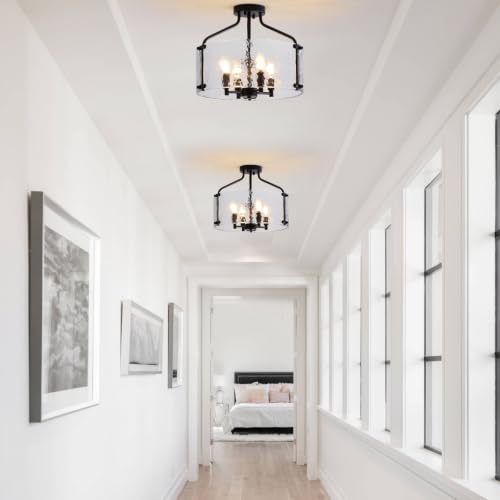 Glass Drum Black Semi Flush Mount Ceiling Light 16'' Modern Light Fixture