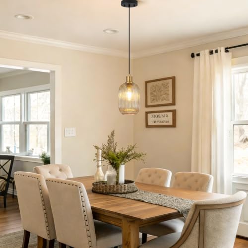 2 Pack Pendant Lights with Vintage Amber Ribbed Glass Lampshade (2 Count)