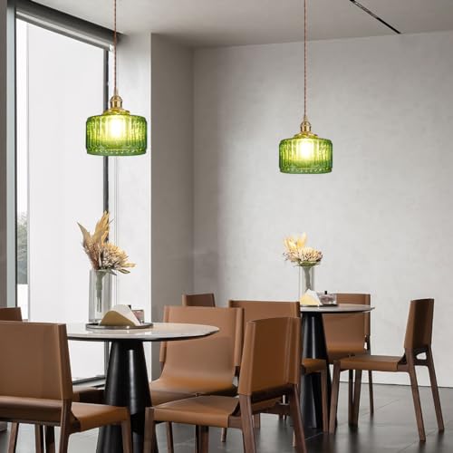 Lighting Green Pendant Light Mid Century Modern Hanging Light with Green Striped Glass Shade Vintage Kitchen Island Pendant Lights Gold Ceiling Pendant Light for Dining Room Bedroom