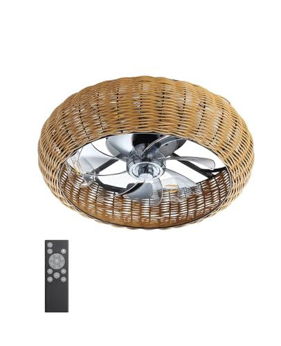 20" Boho PC Woven Low Profile Caged Ceiling Fan with Light and Remote (Brown / Medium)