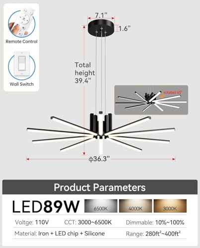 Modern Led Chandelier, Dimmable Sputnik Light Fixture with Remote Control, Modern Pendant Light for Dining Room Kitchen Living Room Entryway, 3000K-6500K (Black)
