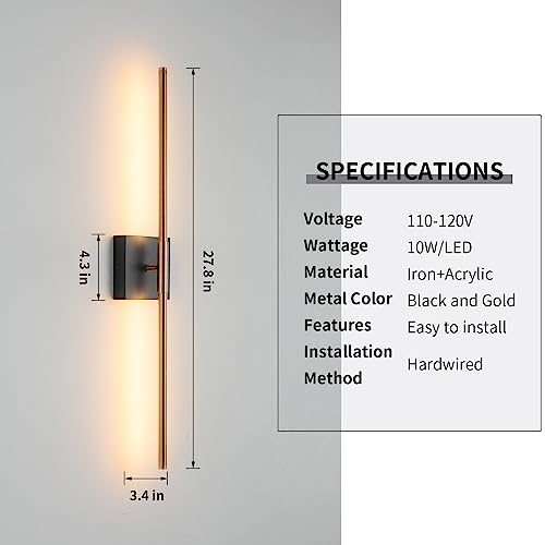Modern Light Fixture Set of Two 27.8x4.3x3.4in Black and Brass Gold Sconces 1200Lm LED Wall Lights for Bathroom (2 Count)