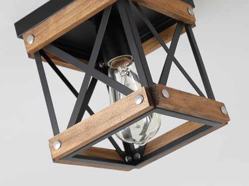 2 Pack Rustic Farmhouse Wood Flush Mount Ceiling Light Fixture Oak Wood and Metal Square Cage Small Semi Flush Mount Ceiling Light for Kitchen Hallway Entryway Bedroom Farmhouse Country (2 Count)