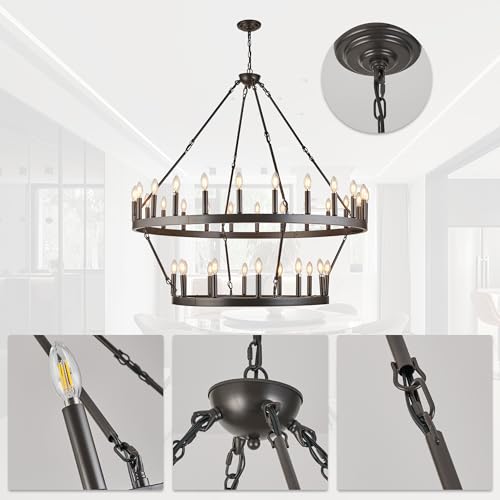 Rustic Farmhouse Wagon Wheel Chandelier Large Chandeliers for High Ceilings Oil Rubbed Bronze 2 Tier 36 Lights 48 Inch for Dining Room Living Room Foyer Porch Kitchen Island