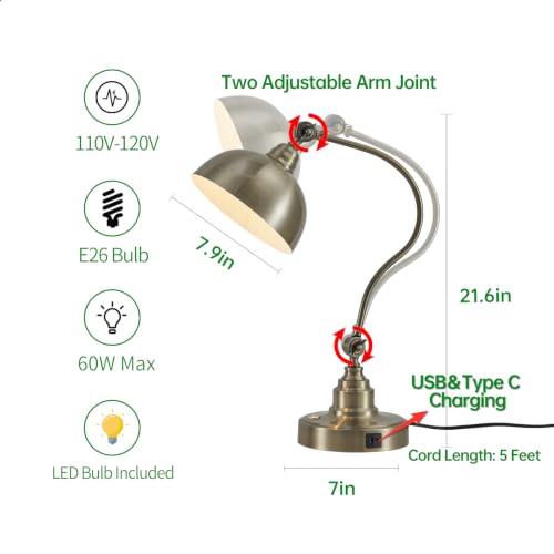 Dimmable Touch Control Antique Brass Swing Arm Desk Lamp with Charging Port