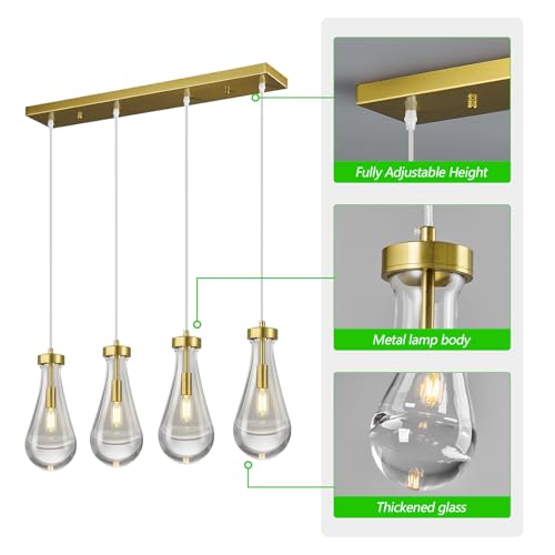 Raindrop Pendant Lights Kitchen Island Teardrop Gold Hanging Light Fixtures Clear Solid Glass Pendant Light Modern Chandeliers for Dining Room Porch Corridor Living Room