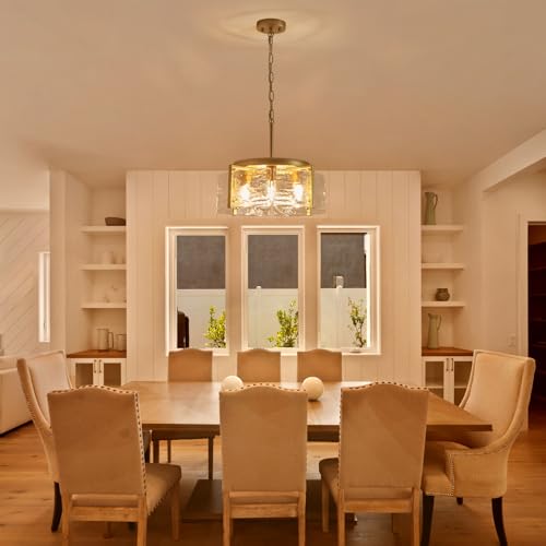 4 Light Glass Gold Chandeliers for Dining Room 17.3" Round Modern Farmhouse Chandelier Drum Hanging Pendant Ceiling Light Fixture for Hallway Entryway Kitchen Island Foyer Bedroom Laundry