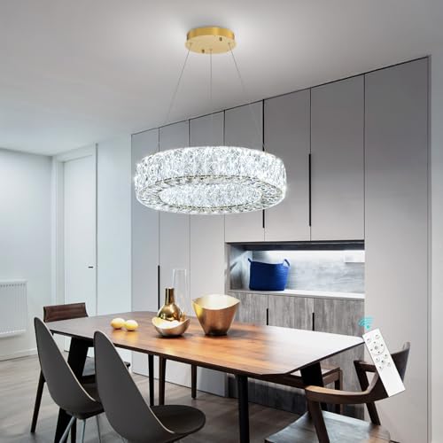 16 Inch Chandelier Glam Dimmable LED Crystal Chandeliers Luxury Round Pendant Lighting Fixtures for Dining Room Bedrooms Gold