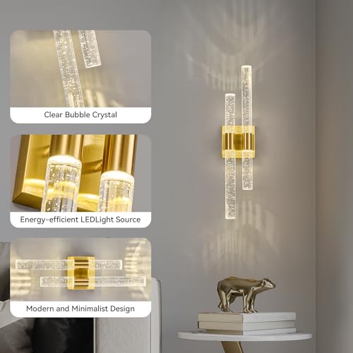 Modern LED Vanity Light Bathroom Vanity Light Fixtures Gold Crystal Sconces Wall Lighting 21.25in 4000K Vertical and Horizontal Wall Mounted Sconces for Bedroom Living Room Hallway（1