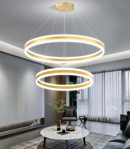 D23.6''+31.5'' Modern Ring Chandelier for Dining Room LED Dimmable Pendant Lighting High Ceiling Chandelier for Living Room Foyer Bedroom Entryway 3000K