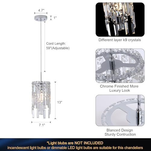 Chrome Crystal Chandelier 7'' Small Kitchen Island Crystal Pendant Light Fixture Raindrop Flush Mount Hanging Chandelier for K9 Crystal Lights Fixture for Bedroom Kitchen Sink Dining Room