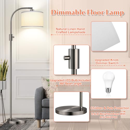 Upgraded Modern Arc Dimmable Tall Standing Floor Lamp with Linen Shade