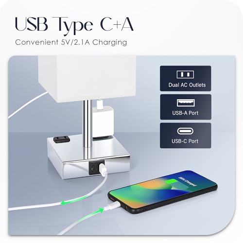 Set of 2 Bedside Table Lamp 3 Way Dimmable Nightstand Lamp with USB C & USB A Charging Port (2 Count)