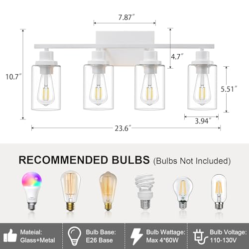 4 Light White Bathroom Light Fixtures Vanity Light Over Mirror Modern Wall Lighting Sconces Rustic Industrial Wall Lamp for Bathroom