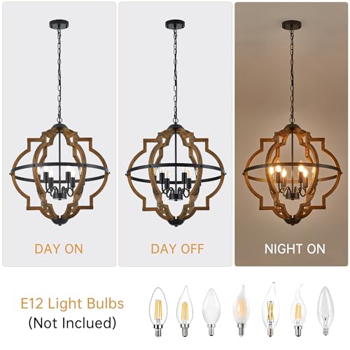 22.83" 6 Light Brown Oak Wood Drum Pendant Light for Dining Room