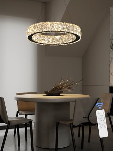 Modern 23.6'' Ring Crystal Chandelier Adjustable LED Ring Pendant Light Dimmable Black Round Crystal Chandelier Light for Dining Room Living Room