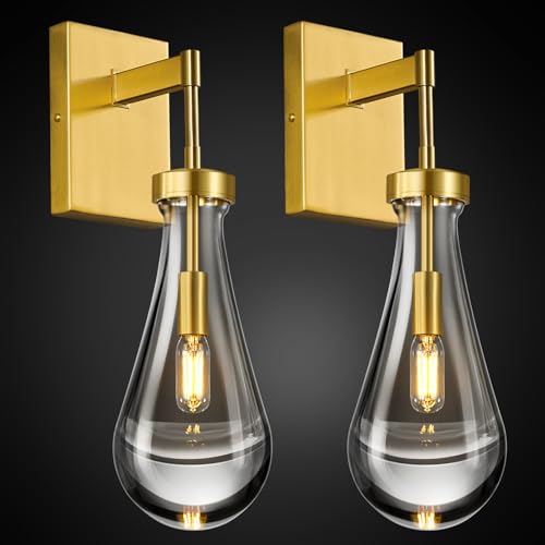 Raindrop Wall Sconces Set of Two Gold Sconces Wall Decor Modern Wall Lighting Glass Bathroom Sconces Indoor Vanity Light Wall Lamp for Bedroom Living Room Stair (2 Count)