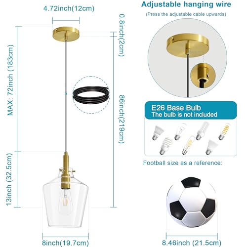 Glass Pendant Lighting for Kitchen Island Entryway 1 Pack Gold Clear 8 Inch