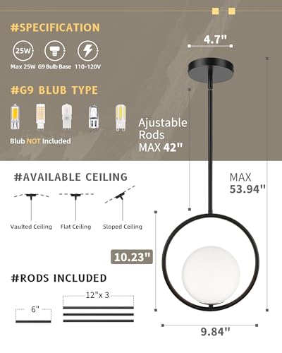 1 Light 10 Inch Matte Black Glass Pendant Lights Kitchen Island