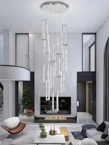 H158 Crystal Rectangle Chandelier 12 Ring Chandeliers for High Ceiling Gold Large Pendant Lighting High Ceiling Light for Living Room Staircase Foyer