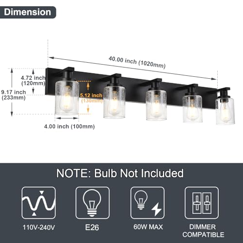 5 Lights Farmhouse Bathroom Vanity Light in Black Finish Wall Mount Lighting Fixtures with Seeded Glass for Mirror Cabinet Kitchen Bedroom