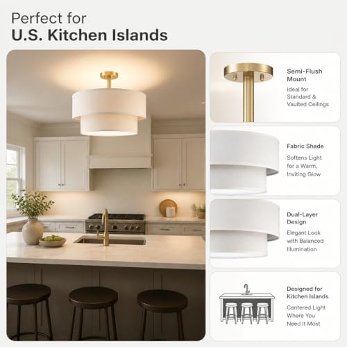 3 Light 12" Cream Fabric Gold Semi Flush Mount Close to Ceiling Light Fixture