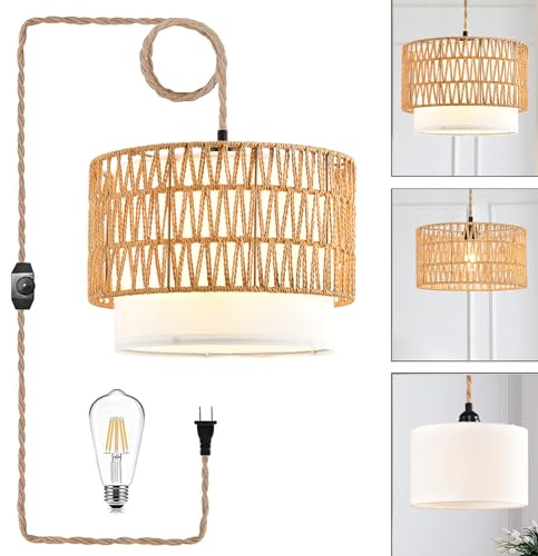 Boho Plug in Pendant Light Rattan Hanging Lights with Plug in Cord (White-circular column / 12)