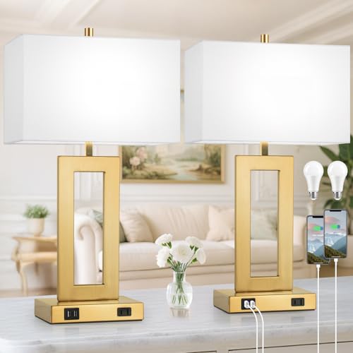 28" Gold Modern Touch Control Table Lamp Set of 2 with 2 USB Ports (2 Count)