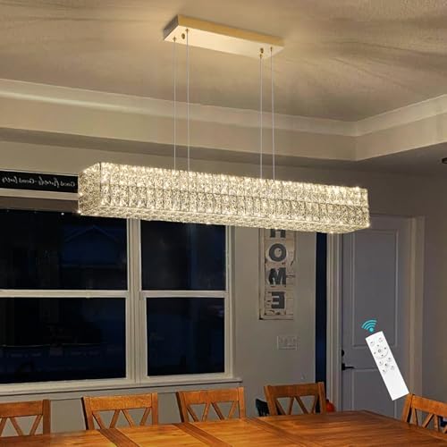 40 Inch Glam Crystal Chandelier Modern Dimmable Crystal Chandeliers LED Rectangular Ceiling Light Fixtures for Dining Room Living Room Glod