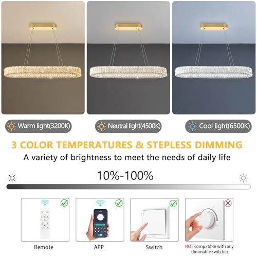 L40 xW16 Modern Oval Crystal Chandelier Glam Dimmable Crystal Ceiling Chandeliers for Dining Room Kitchen Island Glod