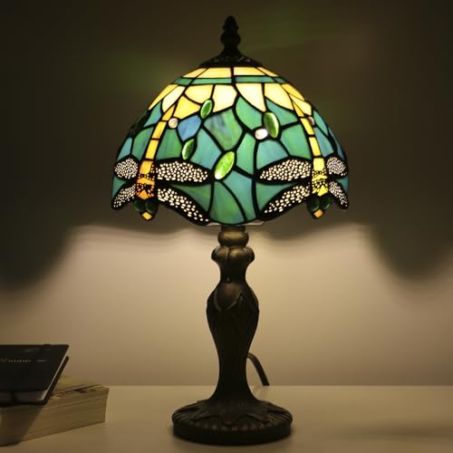 Tiffany Table Lamp Dragonfly Style Blue Yellow Stained Glass Accent Lamp Bronze Resin Base 8X8X14 Inch