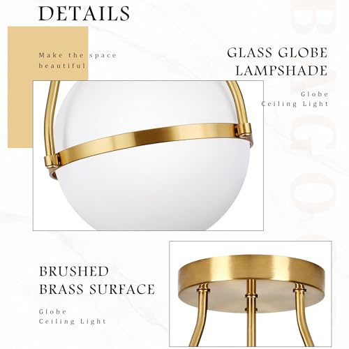 Globe Semi Flush Mount Ceiling Light Mid Century Modern Globe Ceiling Light Fixture with Milk Glass Shade Brass Finish for Living Room Hallway Kitchen Island Dining Room Laundry