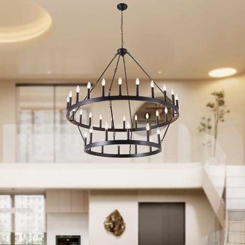 Rustic Farmhouse Black Wagon Wheel Chandelier Large Chandeliers for High Ceilings 2 Tier 36 Lights 48 Inch for Dining Room Living Room Foyer Porch Kitchen Island
