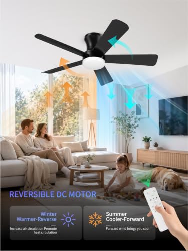42 Inch Black Low Profile Ceiling Fan with Light and Remote (Black / 42 Inch)