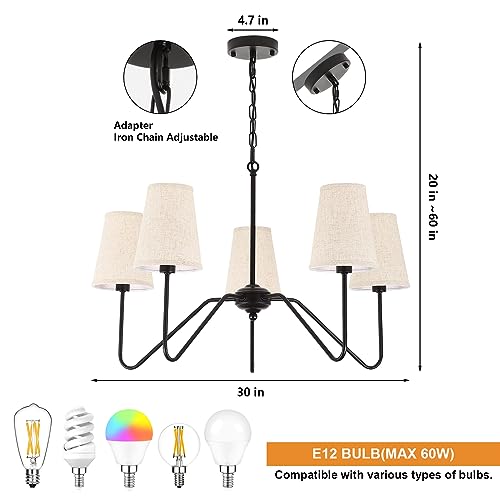 5 Arm Black Chandelier for Dining Room with Linen Fabric Shade