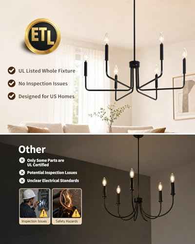 Black Chandelier for Dining Room, Modern 6-Light Farmhouse Chandeliers Lighting Fixture, Dimmable Industrial Pendant Lamps for Kitchen Island Living Room Bedroom Foyer Entryway