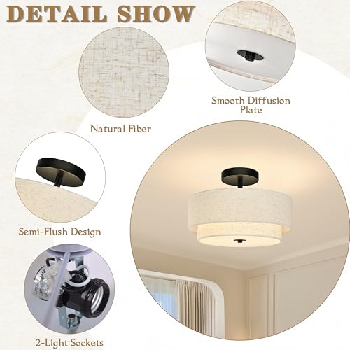 2 Light Semi Flush Mount Ceiling Light Fixture 12.6 Inch Modern Black Drum Ceiling Light Fixture with 2