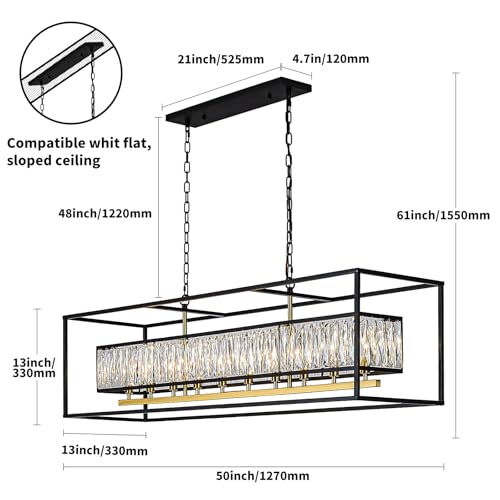 Modern Large Rectangular Black and Gold Crystal Chandelier