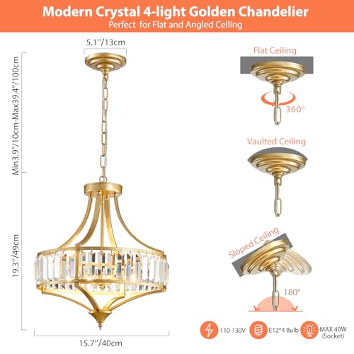 Gold Chandeliers for Dining Room Modern Round Crystal 4 Lights Rustic Pendant Lighting Fixture with Metal Lampshade for Living Room Hallway Bedroom Foyer