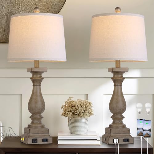 28" Tall Farmhouse Table Lamps Set of 2 with USB C+A Ports and AC Outlet (2 Count)