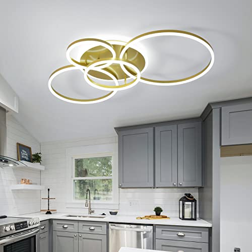Modern LED Ceiling Light 90W Dimmable Ceiling Light Fixture with Remote Control 5 Rings Flush Mount Ceiling Light Gold Acrylic Chandelier LED for Living Room Bedroom Kitchen Light fixtures