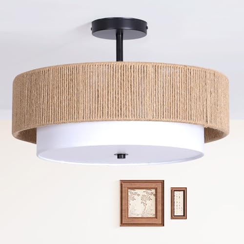 Boho Rattan semi Flush Mount Ceiling Light