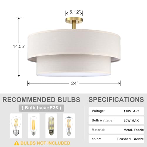 5 Light 24" Cream Fabric Gold Semi Flush Mount Close to Ceiling Light Fixture