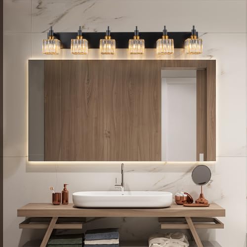 6 Lights Crystal Bathroom Vanity Light Black Gold Modern Bathroom Lighting Fixtures Over Mirror