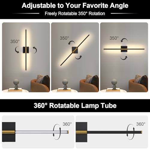 Wall Sconces Set of Two with Remote Control 29.1 in Dimmable Black Gold Battery Operated Wall Lights 350° Ratation 3000K (2 Count)
