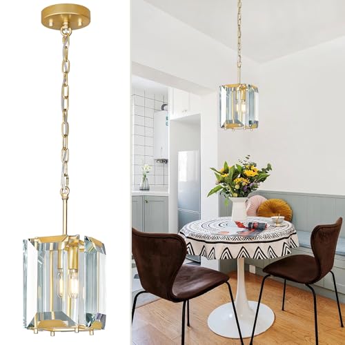 Gold Modern Crystal Chandeliers Rectangle Farmhouse Pendant Light Semi Flush Mount Ceiling Light Fixture for Bedroom Dining Room Kitchen Island Living Room Foyer Hallway