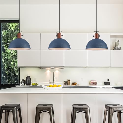 12 Inch Blue Pendant Lights Hammered Matte Pendant Lights for Kitchen Island Industrial Farmhouse Adjustable Height Dome Hanging Light Fixtures for Barn (2 Count)